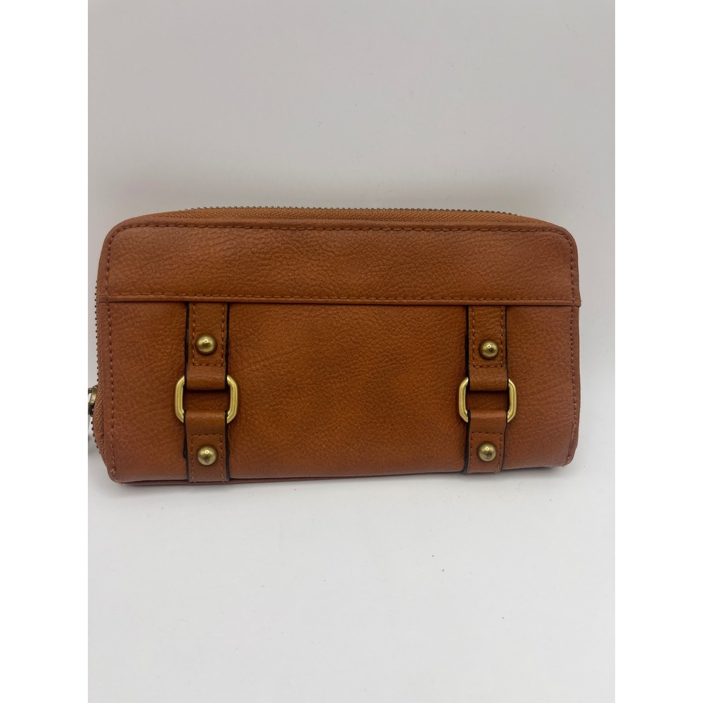Brown Faux Leather Zip Around Wallet Striped Interior Brass Hardware Studded